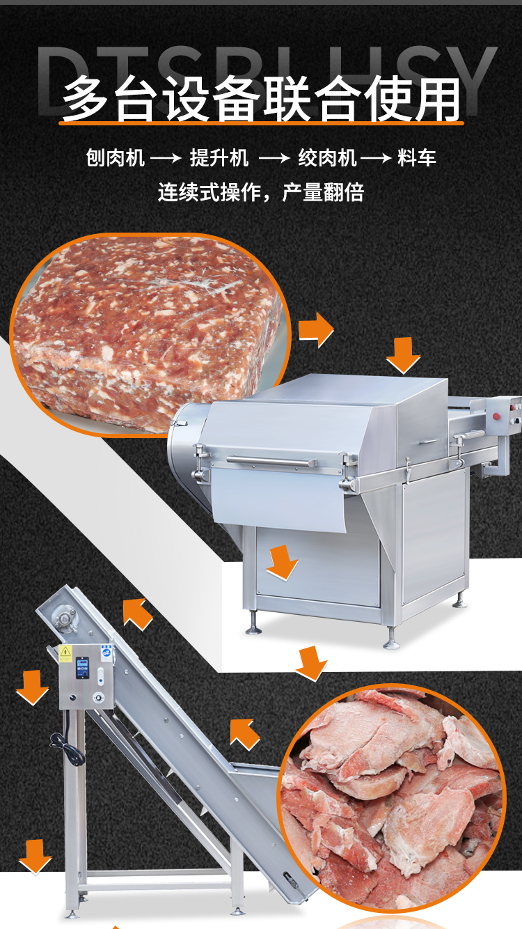 凍肉絞肉機搭配多臺設(shè)備聯(lián)合使用達到連續(xù)工操作
