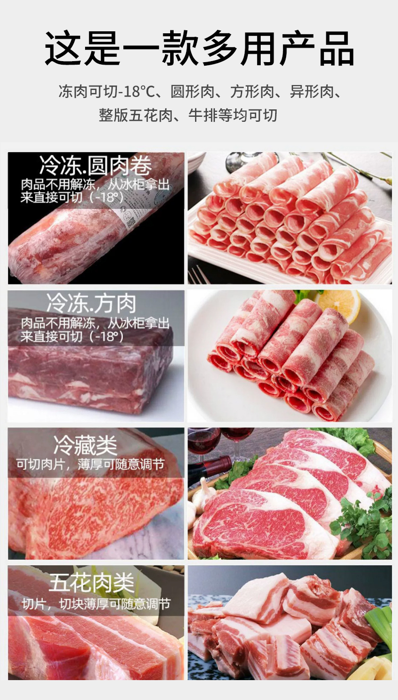 機(jī)器可以直接切零下18度凍肉、圓形肉、方形肉、五花肉、牛排等。